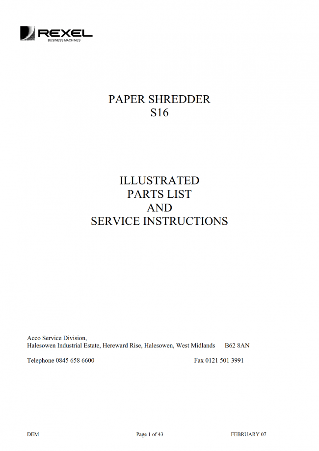 Rexel S16 Shredder Parts Manual