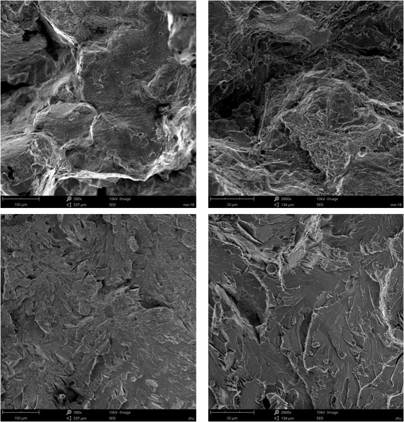 Fig. 4-10 Fracture morphologies of three kinds of lining steels (a)(b) high manganese steel matrix composite liner plates; (c) (d) pearlite steel liner plates