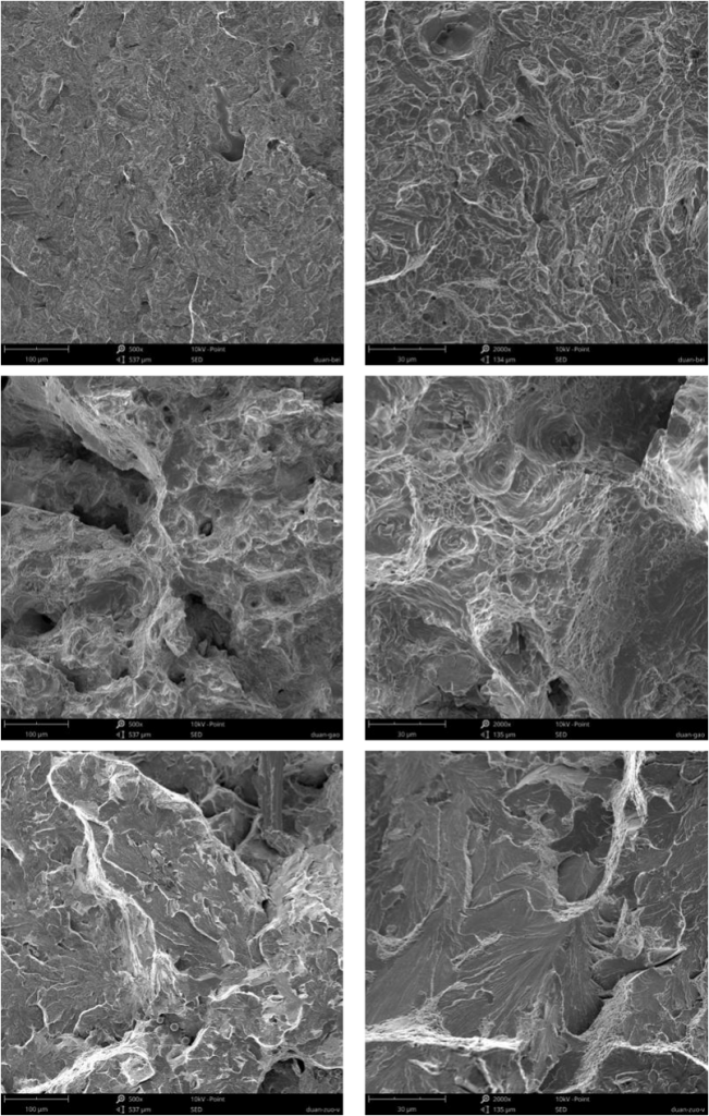 Fig. 4-9 morfología de la fractura por impacto de tres tipos de aceros de revestimiento (a) (b) placas de revestimiento de acero bainita; (c) (d) placas de revestimiento de material compuesto de matriz de acero con alto contenido de manganeso; (e) (f) placas de revestimiento de acero perlita