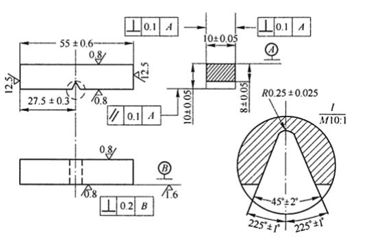 Fig.2-3 Storleken på det vanliga Charpy V-skårade slagprovet