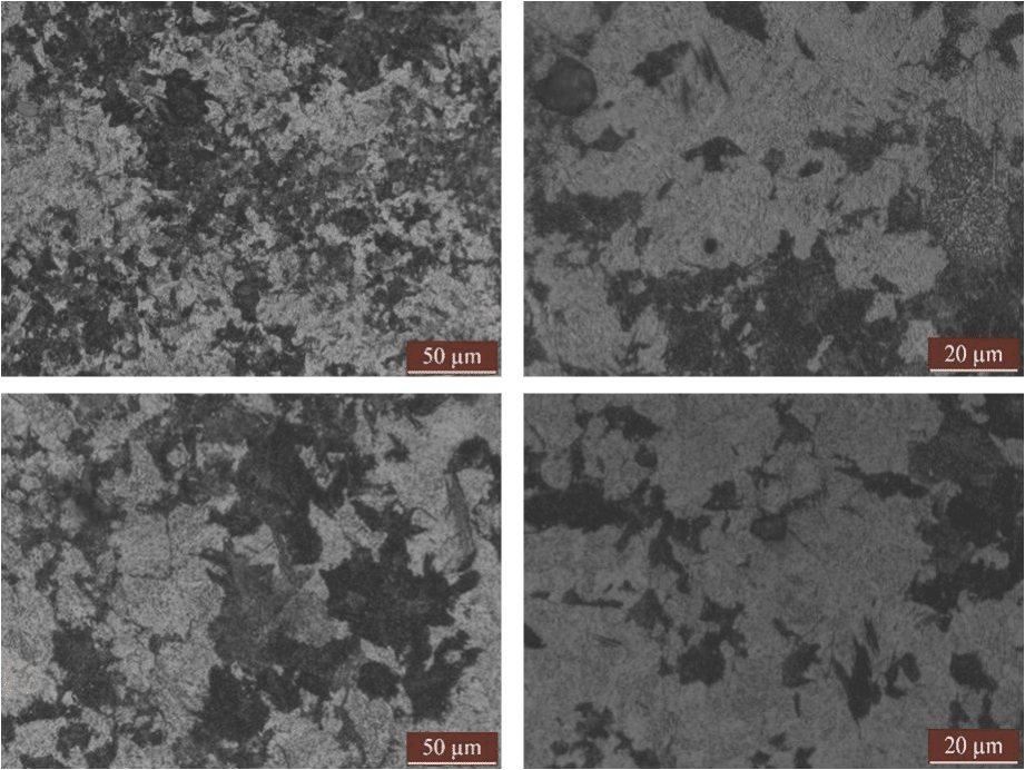 Рис.3-1 Микроструктура высокоуглеродистых низколегированных сталей в различных процессах термообработки (a) (b) 1 # ； (c) (d) 2 #