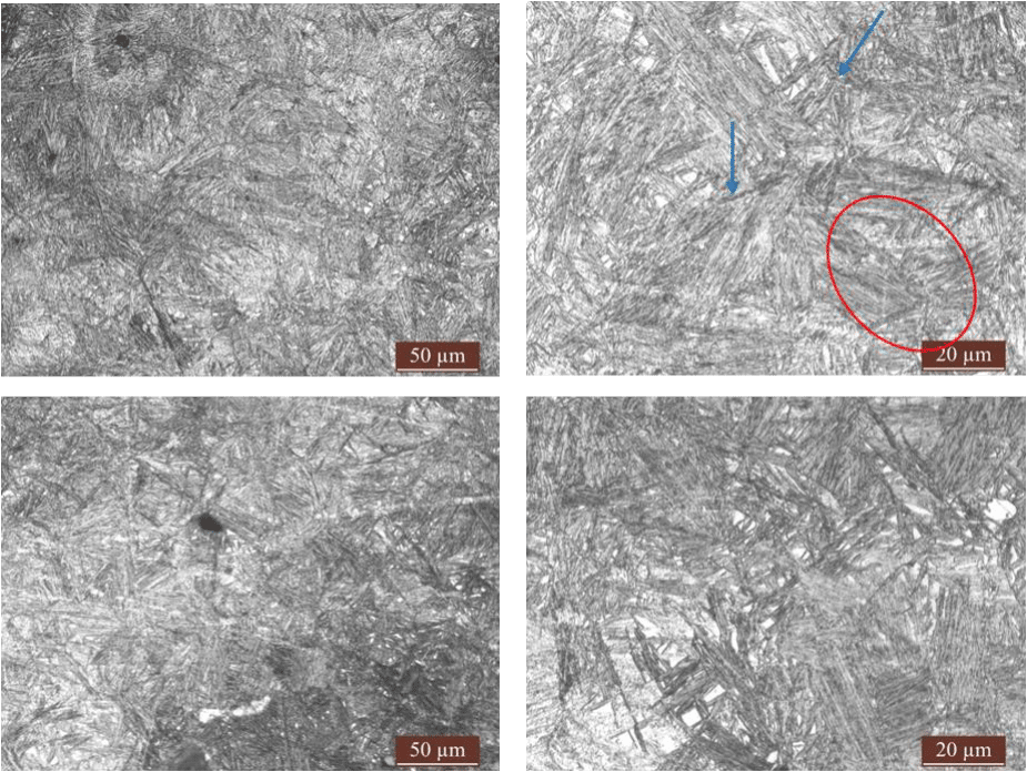 Рис.4-1 Микроструктура пластин футеровки из бейнитной стали （a） （b） неизнашиваемой поверхности; （c） （d） поверхности износа