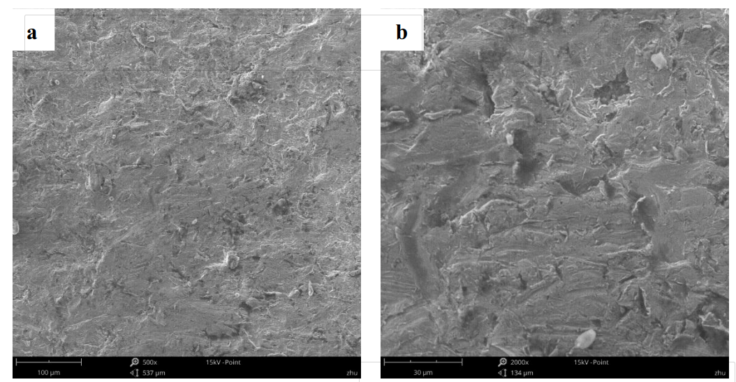 Fig.5-5 The worn surface morphology of different lining alloy steels under 9J impact energy (a)(b)1R