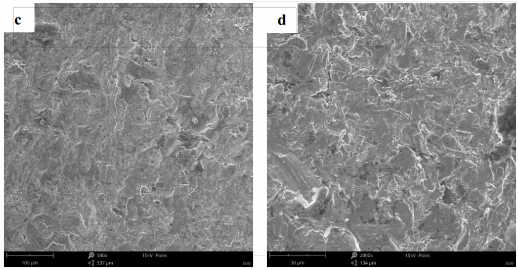 Fig.5-5 The worn surface morphology of different lining alloy steels under 9J impact energy (c)(d)2R