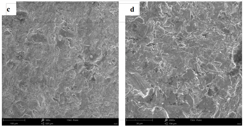 Fig.5-5 A morfologia da superfície desgastada de diferentes aços de liga de revestimento sob a energia de impacto 9J (c) (d) 2R