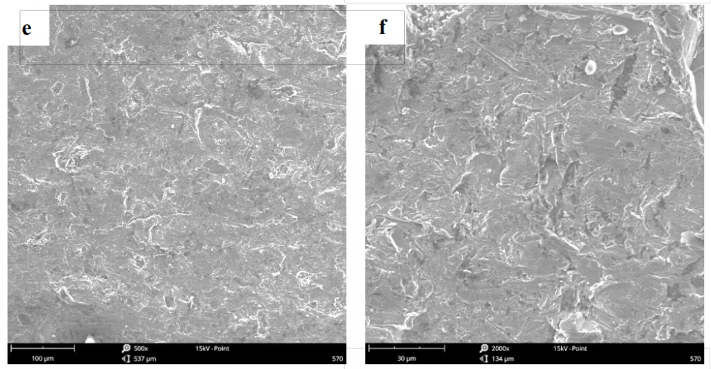 Fig.5-5 The worn surface morphology of different lining alloy steels under 9J impact energy (e)(f)3R
