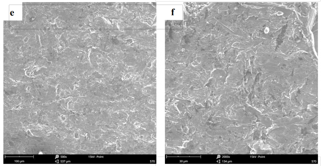 Fig.5-5 La morfologia della superficie usurata di diversi acciai legati di rivestimento con energia di impatto 9J (e) (f) 3R