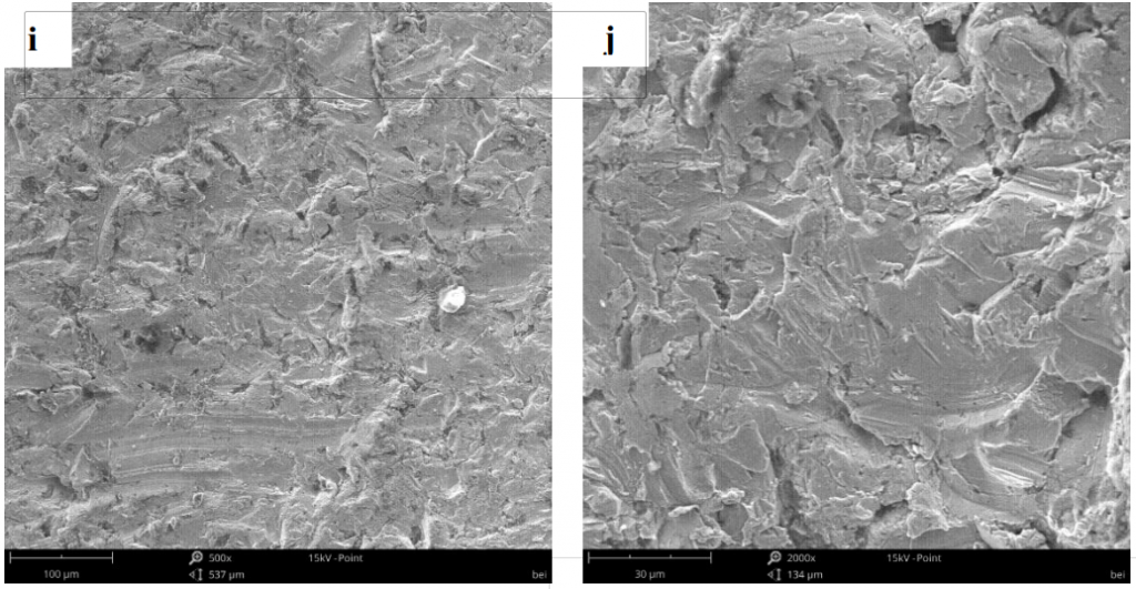 Fig.5-5 The worn surface morphology of different lining alloy steels under 9J impact energy (i)(j)5R