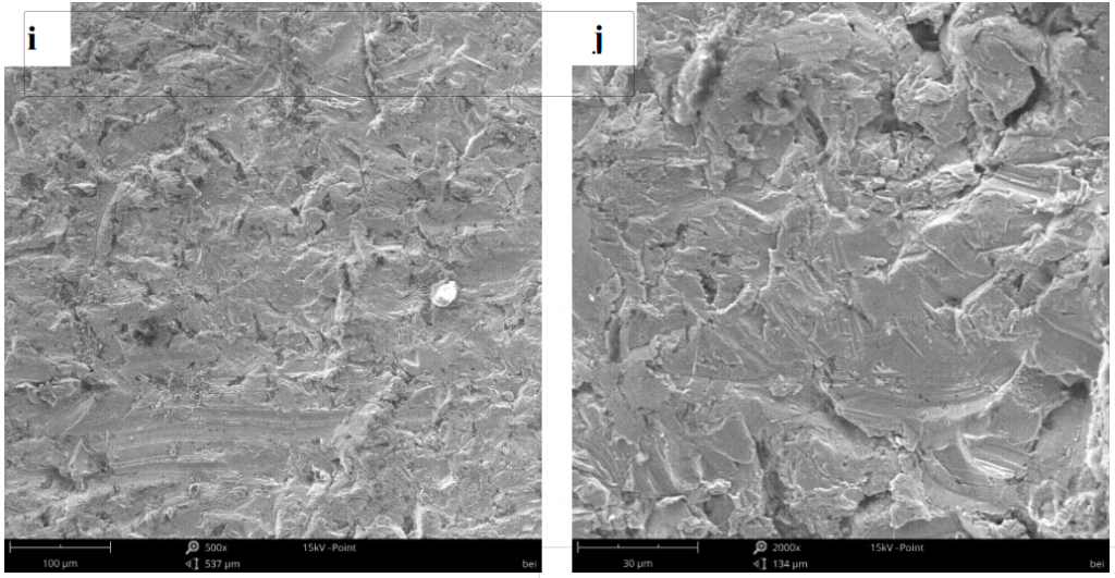 Fig.5-5 La morphologie de la surface usée de différents aciers alliés de revêtement sous énergie de choc 9J (i) (j) 5R