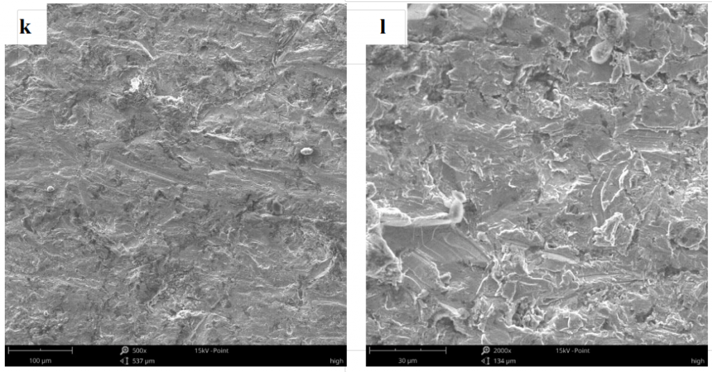 Fig.5-5 The worn surface morphology of different lining alloy steels under 9J impact energy (k)(l)6R