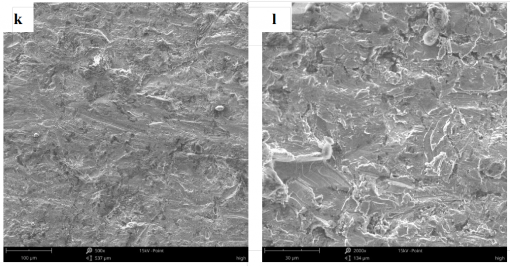 Fig.5-5 La morfologia della superficie usurata di diversi acciai legati di rivestimento con energia di impatto 9J (k) (l) 6R