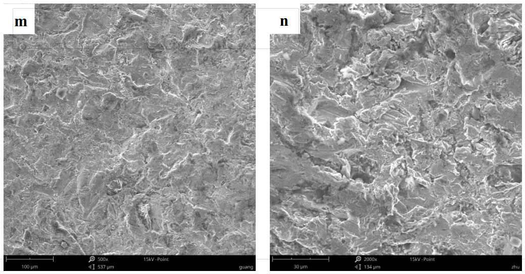 Fig.5-5 The worn surface morphology of different lining alloy steels under 9J impact energy (m)(n)7R